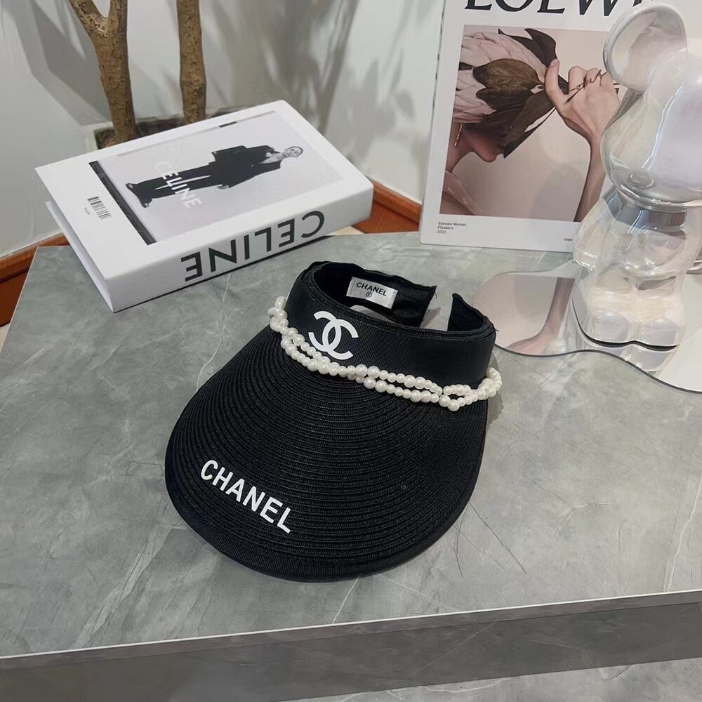 Chanel Pearl Trim Black Straw Sun Visor - Picture 2 of 6